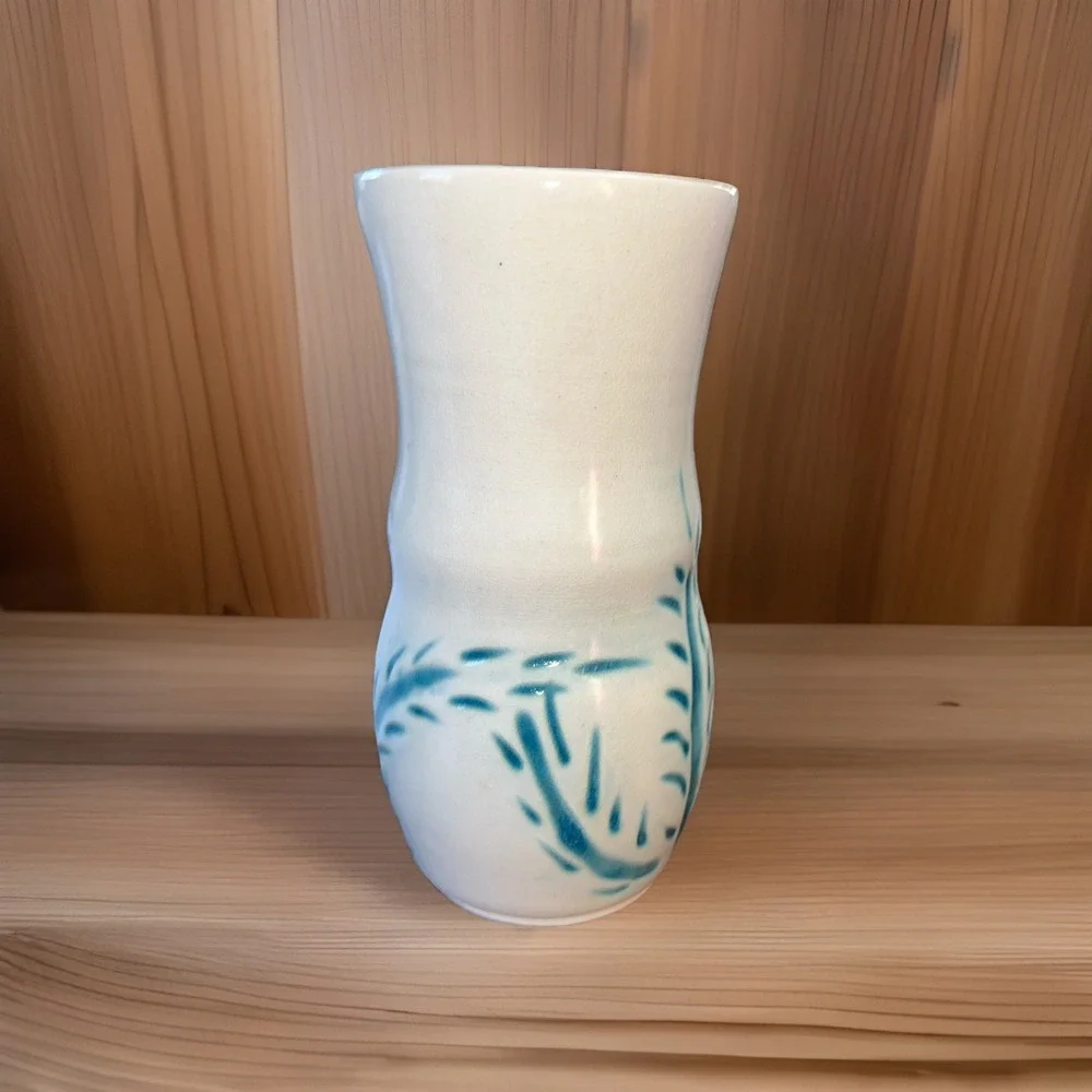 Vintage Stoneware Pottery Ceramic Vase White/teal Signed Kloock '85 Unique‎ 6.5